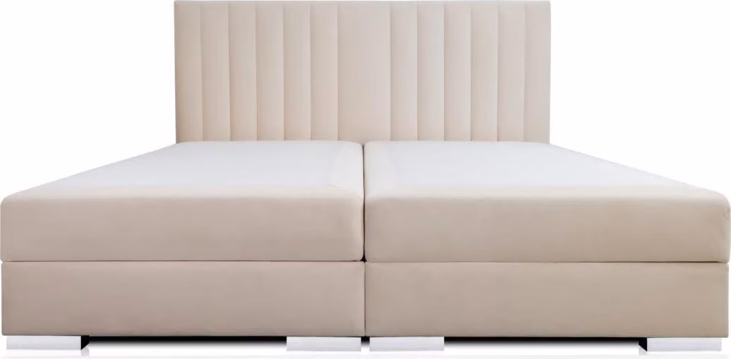 Bett Beige Polster Stoff Design Luxus Holz Doppel Betten Schlafzimmer Modern