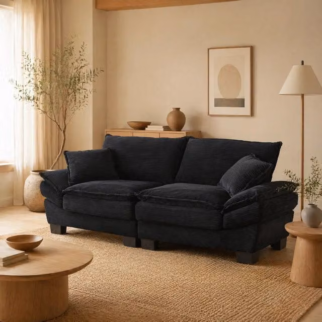 Divano a 2 posti 224x81x81 cm in velluto nero con braccioli ampi, per soggiorni e uffici –