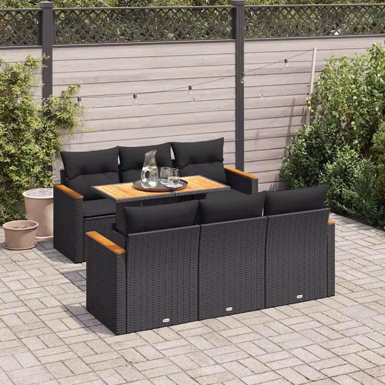 Set di divani da giardino vidaXL a forma di L con cuscini e tavolino, 7 pezzi, in polyrattan e legno di acacia, colore nero