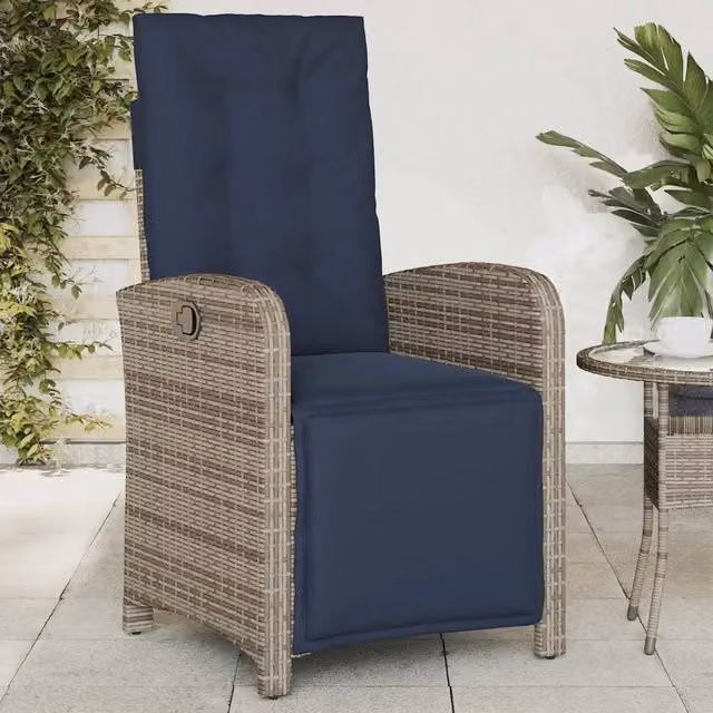 Sedia Reclinabile da Giardino vidaXL in Polyrattan con Poggiapiedi e Cuscinetti Blu e Grigio – 1