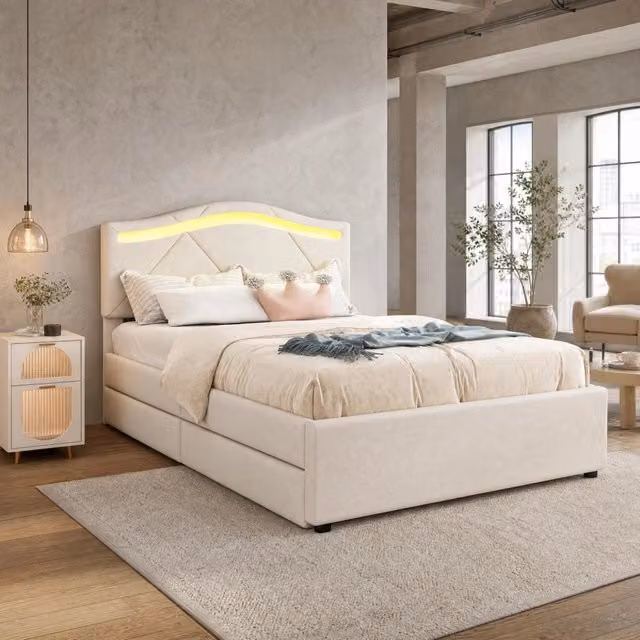 Letto imbottito beige 90x200 cm con LED, testiera regolabile e 2 cassetti