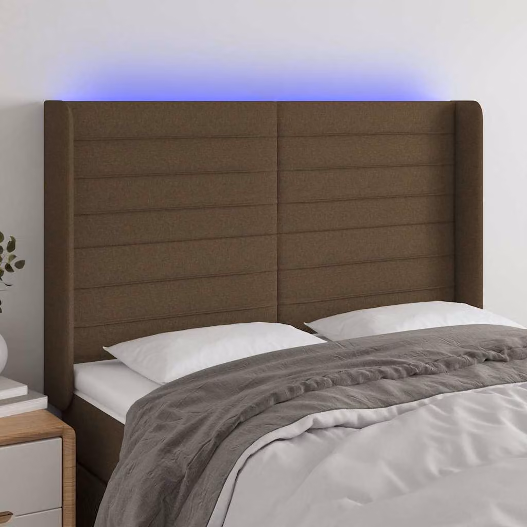 Testiera per letto con illuminazione LED e porta di ricarica USB vidaXL, colore marrone scuro, in tessuto e legno, L: 147 cm, P: 16 cm, H: 118/128 cm