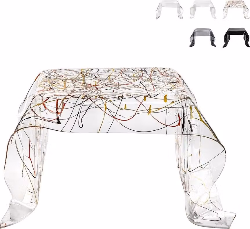 Tavolino da salotto in plexiglas, basso e quadrato, modello Drappeggi - Trasparente multicolore