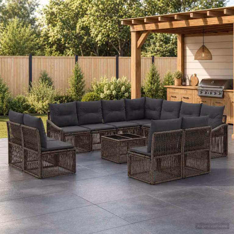 Set Divano da Giardino vidaXL a forma a U in Polyrattan Grigio con Tavolino e Cuscini Imbottiti
