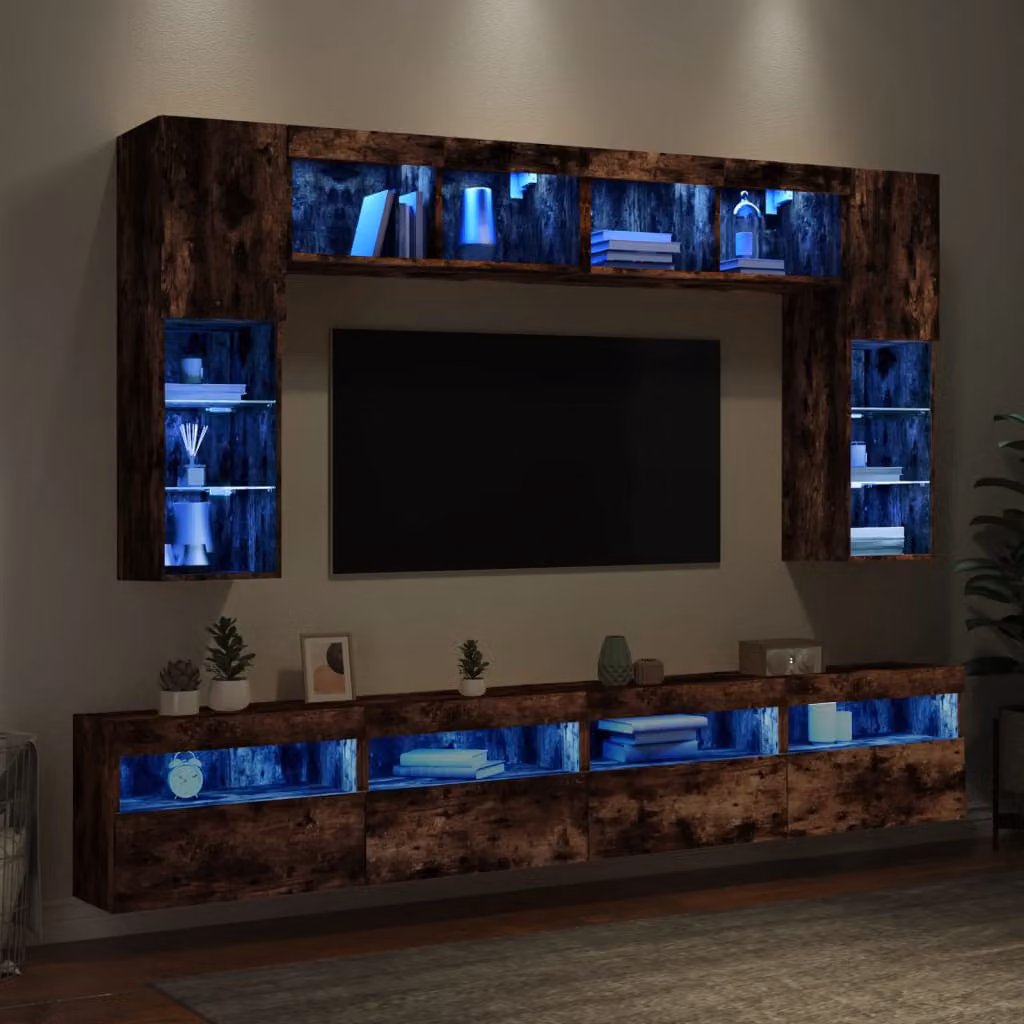 Set di mobili TV a muro moderno vidaXL composto da 8 pezzi con luci LED in finitura rovere marrone opaco – 1