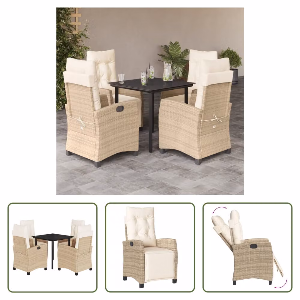 The Living Store Set da pranzo da giardino 5 pezzi con cuscini Beige poly rattan