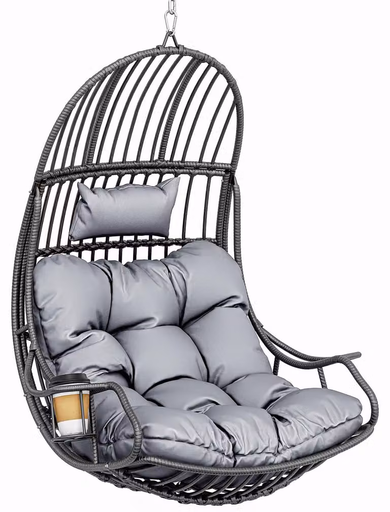 Poltrona a dondolo in rattan a forma di uovo, portata massima 150 kg, colore grigio, con cuscino