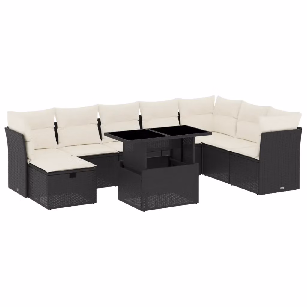 Set Divani da Giardino vidaXL 9 pz con Cuscini e Tavolino, Design Moderno a L in Polyrattan Nero e Bianco con Struttura in Acciaio – 2