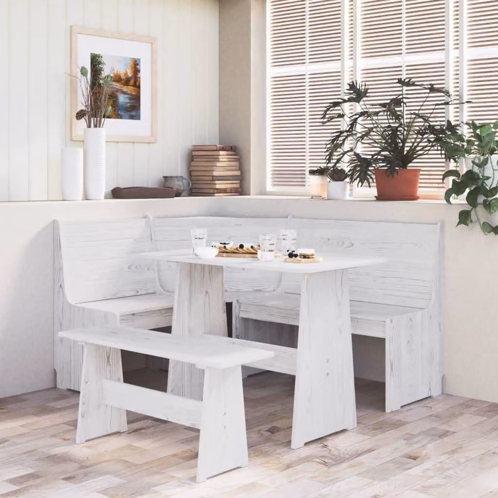 Tavolo da pranzo bianco con panca in legno massello di pino