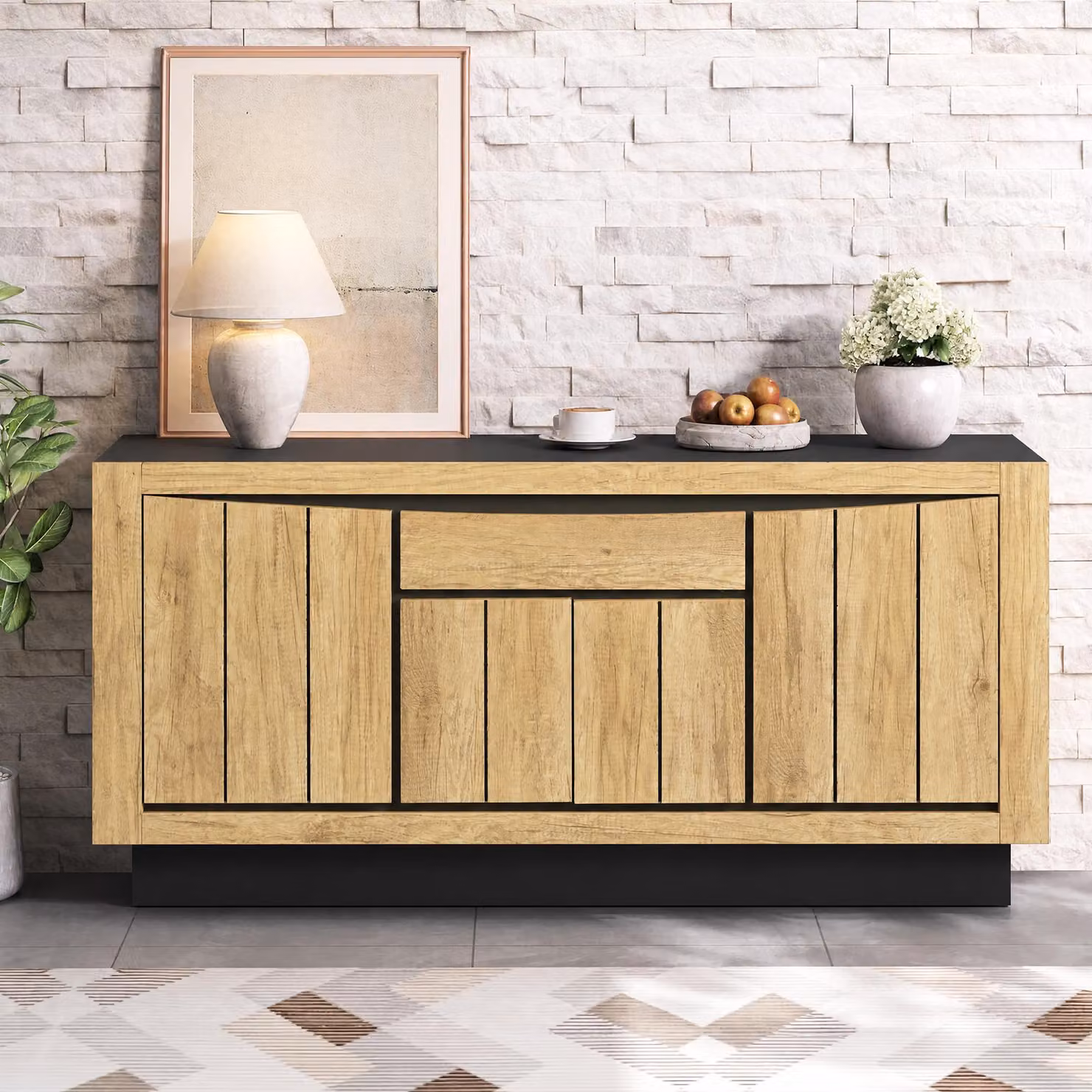 Mobile contenitore laterale Merax con 4 ante e 1 cassetto, armadio per soggiorno dal design minimalista senza maniglie, mobile contenitore con chiusura ammortizzata, realizzato in MDF e legno, colore nero