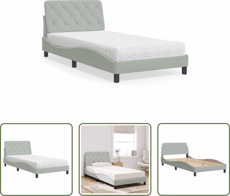 The Living Store Letto con materasso grigio chiaro 100x200 cm in velluto