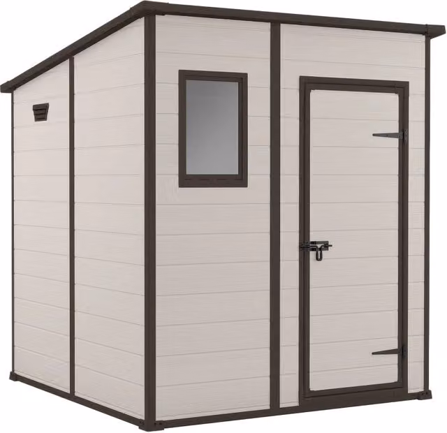 Casetta da Giardino Keter Manor Pent 6x6 in Resina Beige con Effetto Legno e Anta Singola L/P/H: 183,5 x 200 x 185 cm