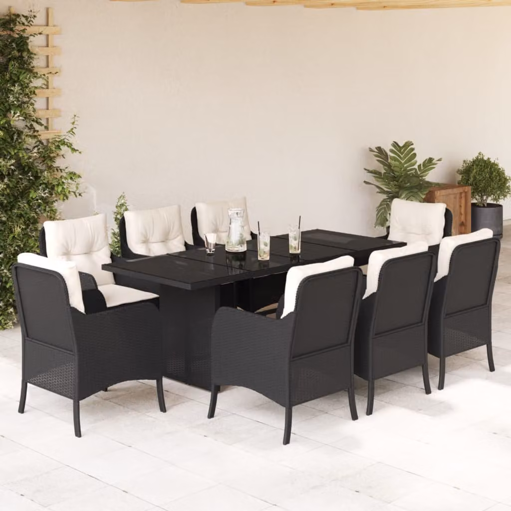 Set da Pranzo da Giardino vidaXL in Polyrattan Nero con Cuscini e Tavolo in Vetro, 9 Pezzi – 1