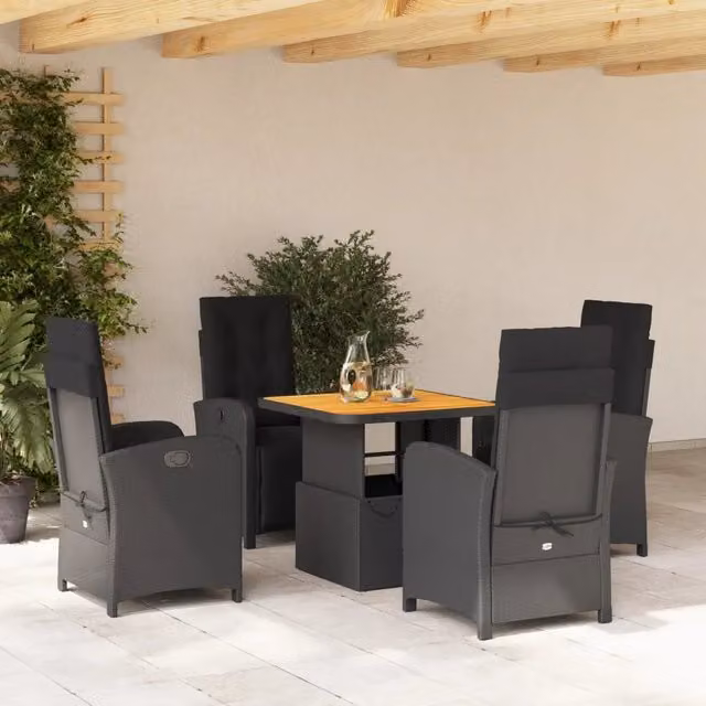 Set da Pranzo da Giardino 5 pz Nero con Cuscini in Polyrattan 3277328