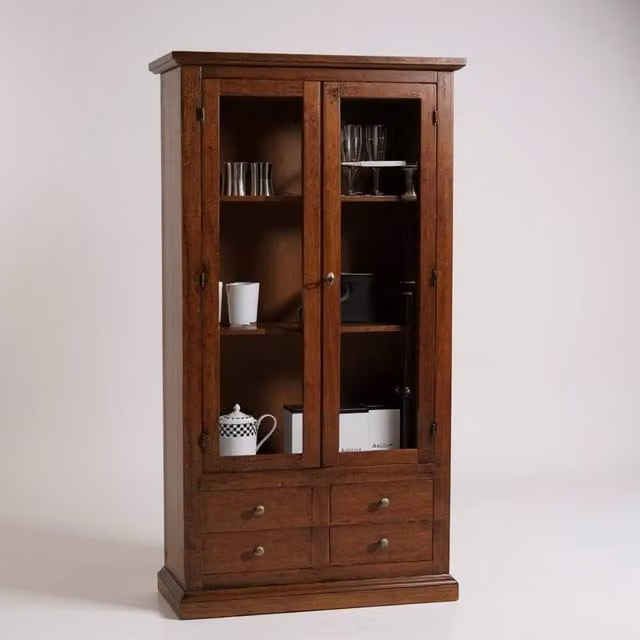 Vetrina classica Mobili 2G in legno con 2 ante in vetro e 4 cassetti, colore marrone, L: 90 cm, P: 40 cm, H: 160 cm