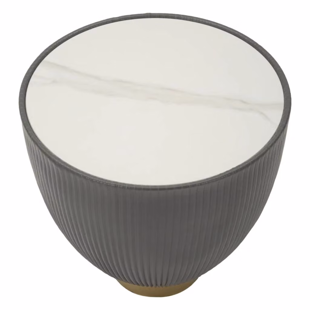 Tavolino da caffè rotondo Vikasa Home in ceramica e metallo, grigio, bianco e oro, Diametro: 46 cm – 2