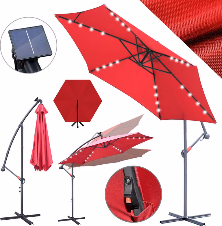 Ombrellone Izrielar 3 m rosso con LED – Ombrellone luminoso per grigliate e terrazze