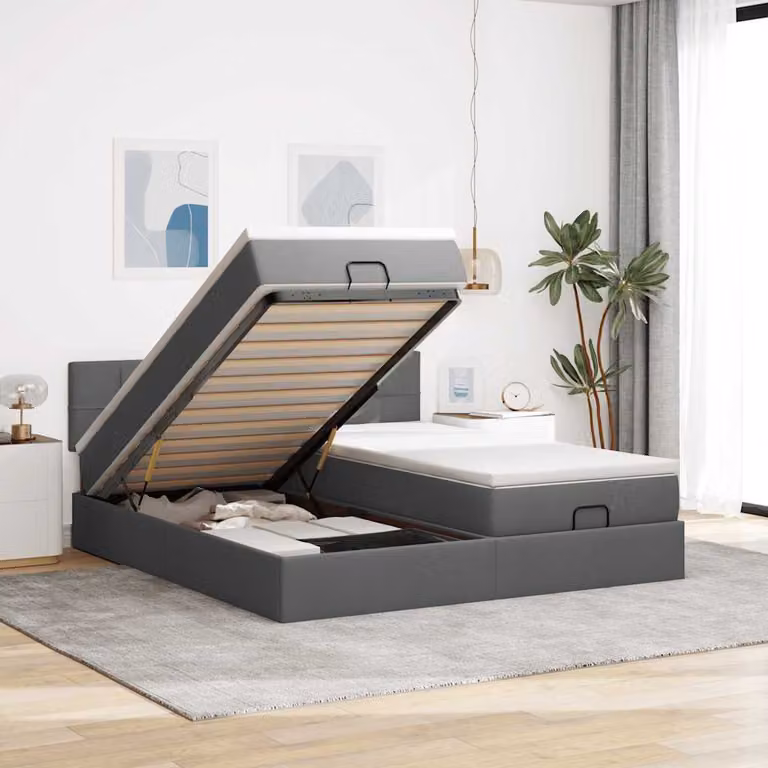 Letto con contenitore a sollevamento e materasso vidaXL in tessuto grigio e bianco, L/P/H: 200 x 200 x 280 cm