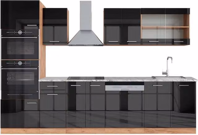 Cucina componibile moderna Vicco R-Line in antracite lucido e rovere con armadio alto e piano in marmo, L: 300 cm