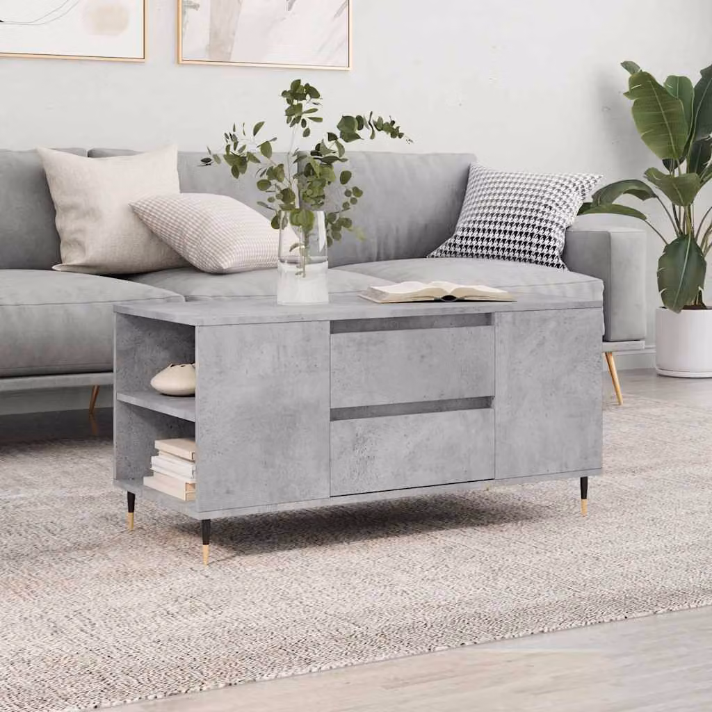 vidaXL Tavolino da salotto moderno in legno e metallo, colore grigio cemento, L 102 x P 44,5 x H 50 cm