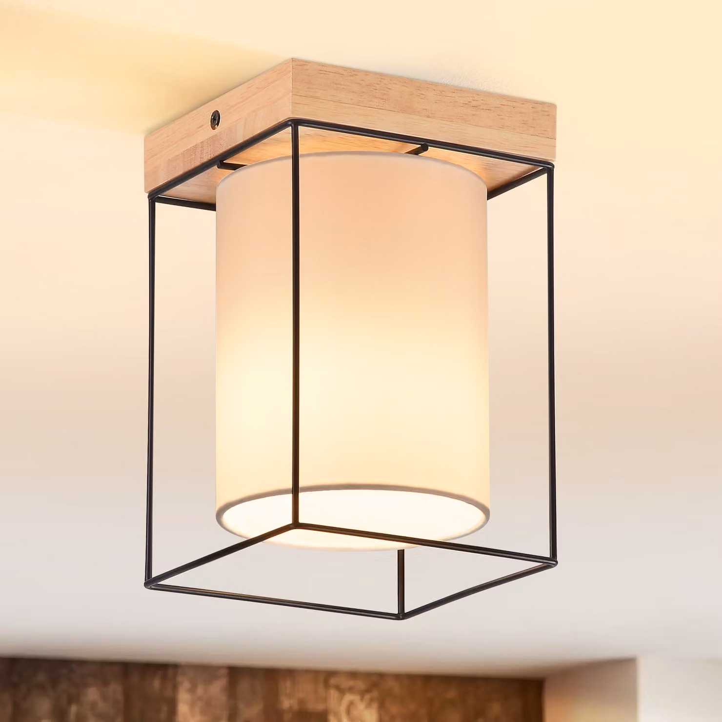 ZMH plafoniera soffitto corridoio legno 1 fiamma E14 lampada corridoio vintage con paralume in tessuto lampada cucina industriale retrò (senza lampadina)