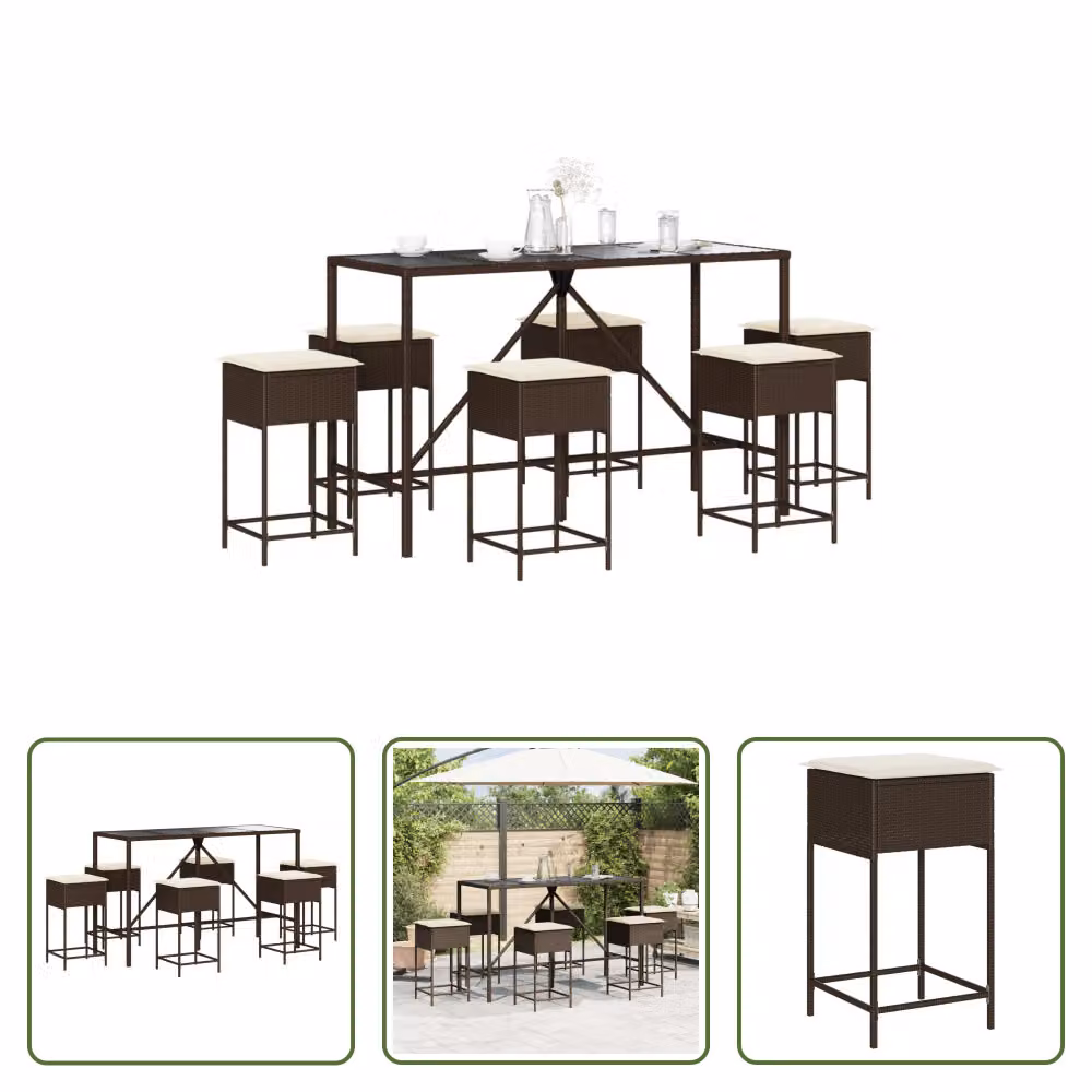 The Living Store Set bar da giardino 7 pezzi con cuscini in poly rattan marrone