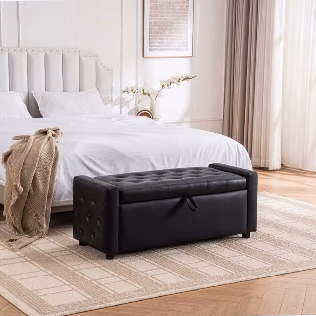 Desviae Panca contenitore imbottita nera effetto pelle per camera da letto e ingresso 47 × 122 × 45 cm