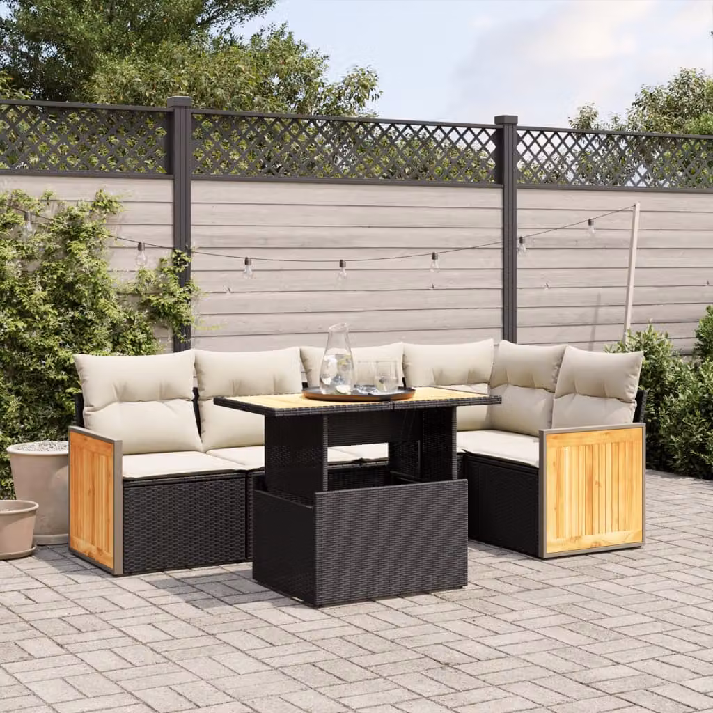 vidaXL Set Divano da Giardino a L 6 pz in Polyrattan Nero con Cuscini e Tavolino da Esterno – 1
