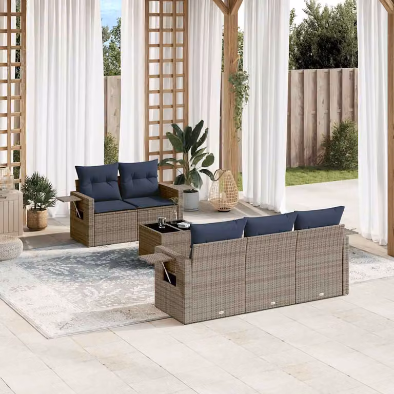 Set da giardino vidaXL in polyrattan grigio con 6 pezzi, divano ad angolo e tavolino da caffè con cuscini inclusi