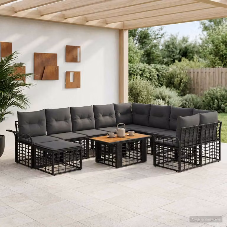 Set Divano da Giardino vidaXL 11 pz in Polyrattan Nero e Grigio con Cuscini e Tavolino
