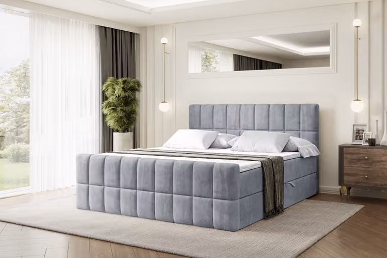 Letto boxspring ALTDECOR con pediera, materasso H3 e topper - 140x200 cm - MIAMI-Z - Velluto grigio - Letto imbottito con contenitore e rete a doghe, letto con spazio contenitivo