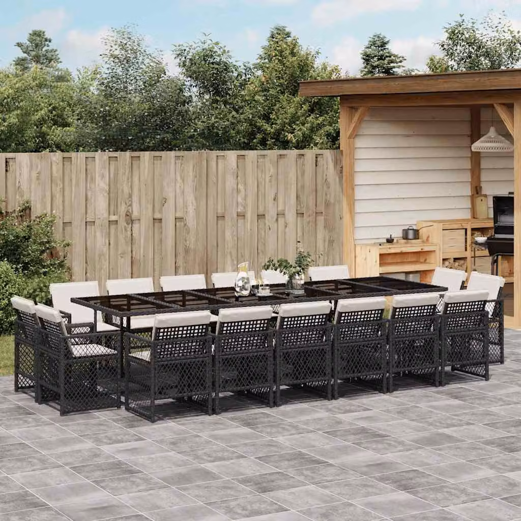 Set da pranzo da giardino vidaXL in polyrattan nero con cuscini e piano in vetro per 17 persone – 1