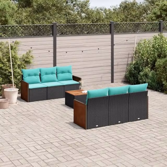Set Divani da Giardino 7 pz con Cuscini Nero in Polyrattan 3227471