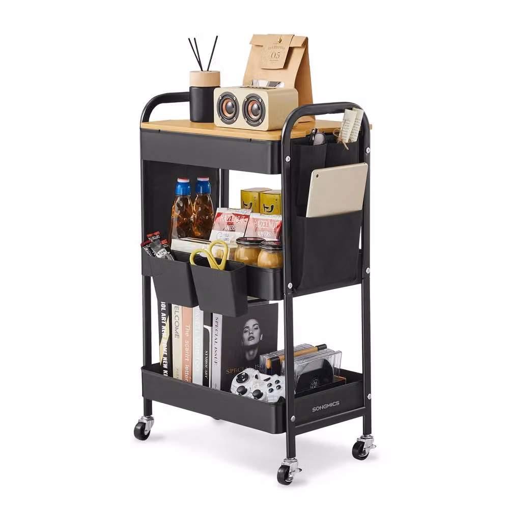 Carrello con Piano d'Appoggio Contenitori Pensili Rimovibili Tasche Laterali, Nero Inchiostro