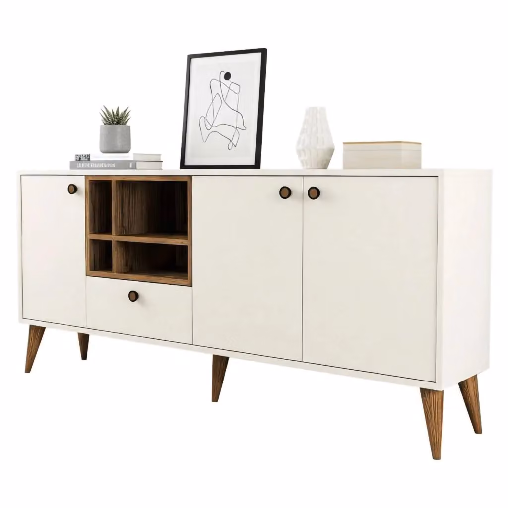 Madia Lucertola DMORA con 4 ripiani, colore bianco crema, L: 180 cm, P: 35 cm, H: 81 cm – 2