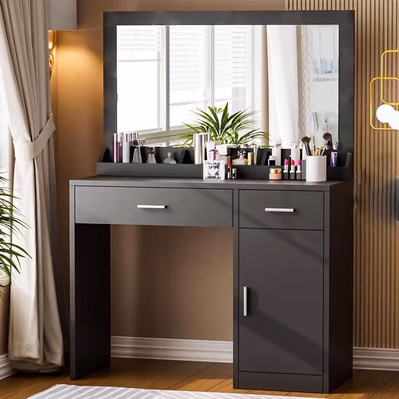 Comò da trucco con grande specchio – tavolino da trucco con 2 cassetti e un armadietto