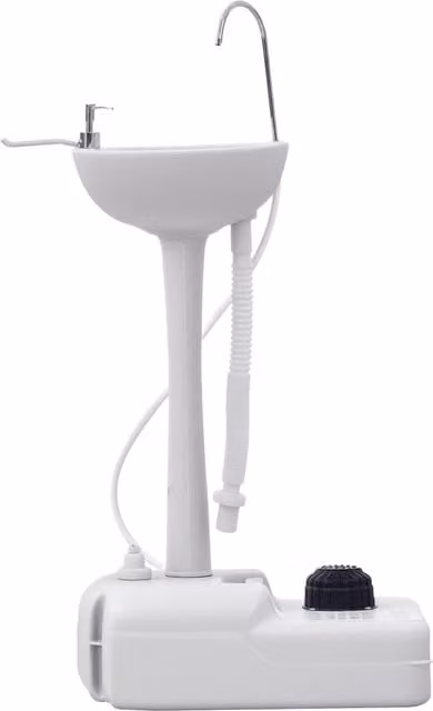 Lavabo portatile Minimal con serbatoio da 17L grigio chiaro e bianco, dotato di 2 ruote, dispenser di sapone e porta asciugamani in HDPE