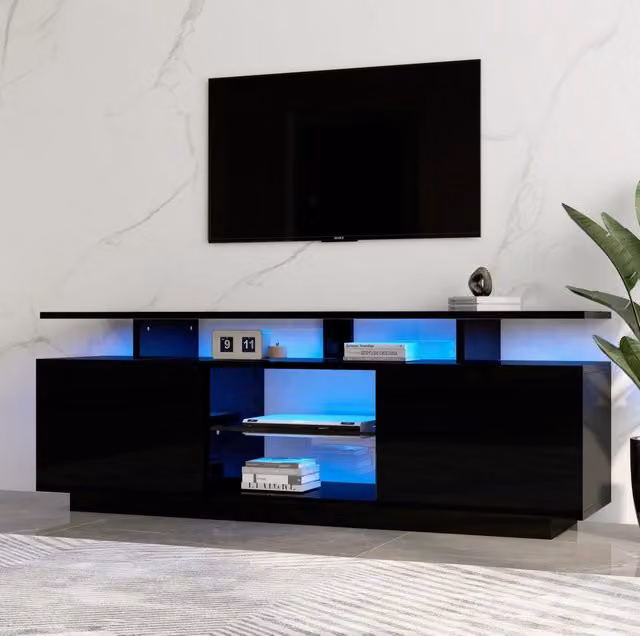 Mobile TV moderno MODFU con illuminazione integrata e finitura lucida, nero e legno, L: 140 cm, P: 35 cm, H: 55 cm