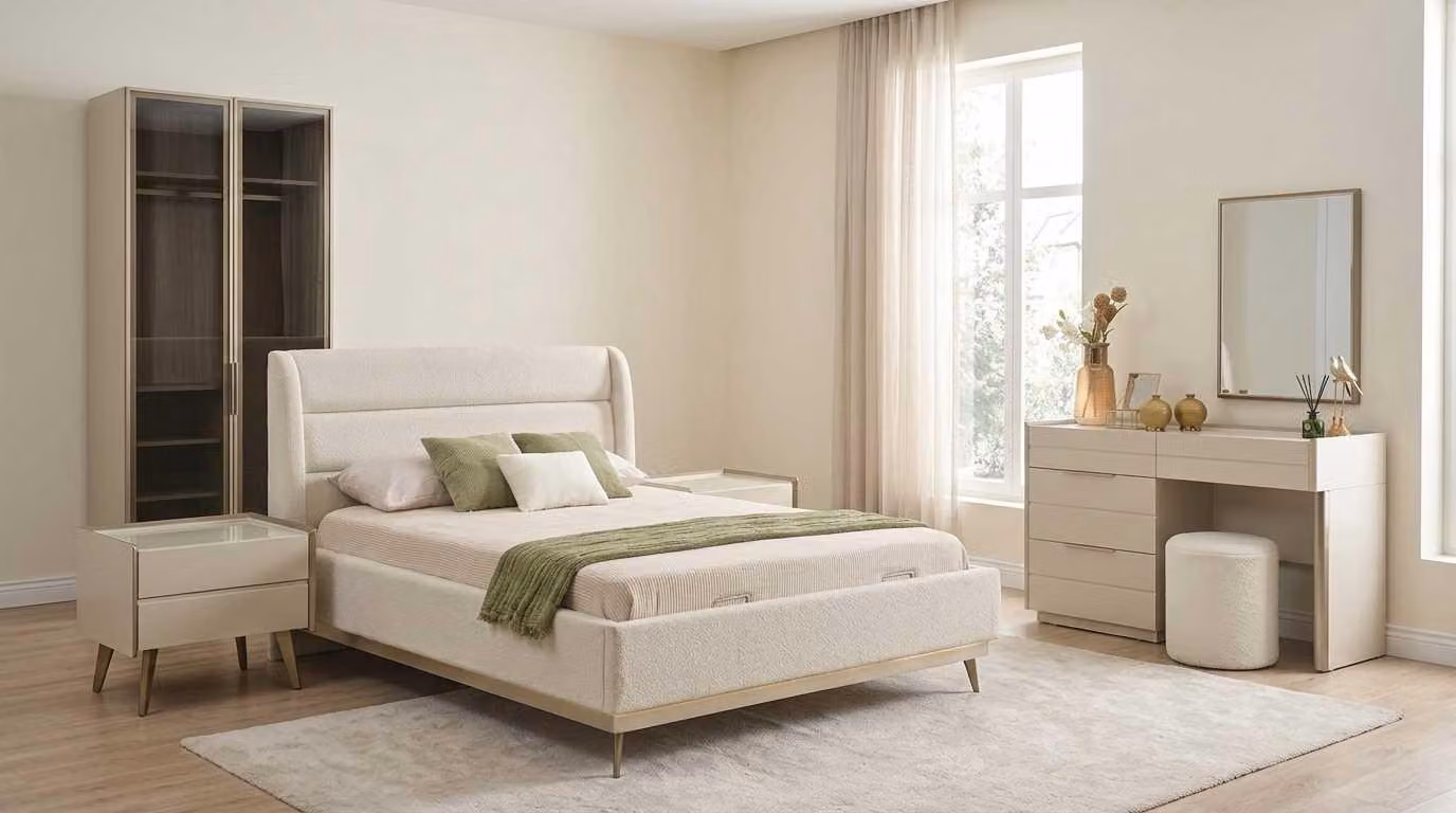 Set per camera da letto beige, moderno, composto da: letto, comò da trucco, armadio con vetri