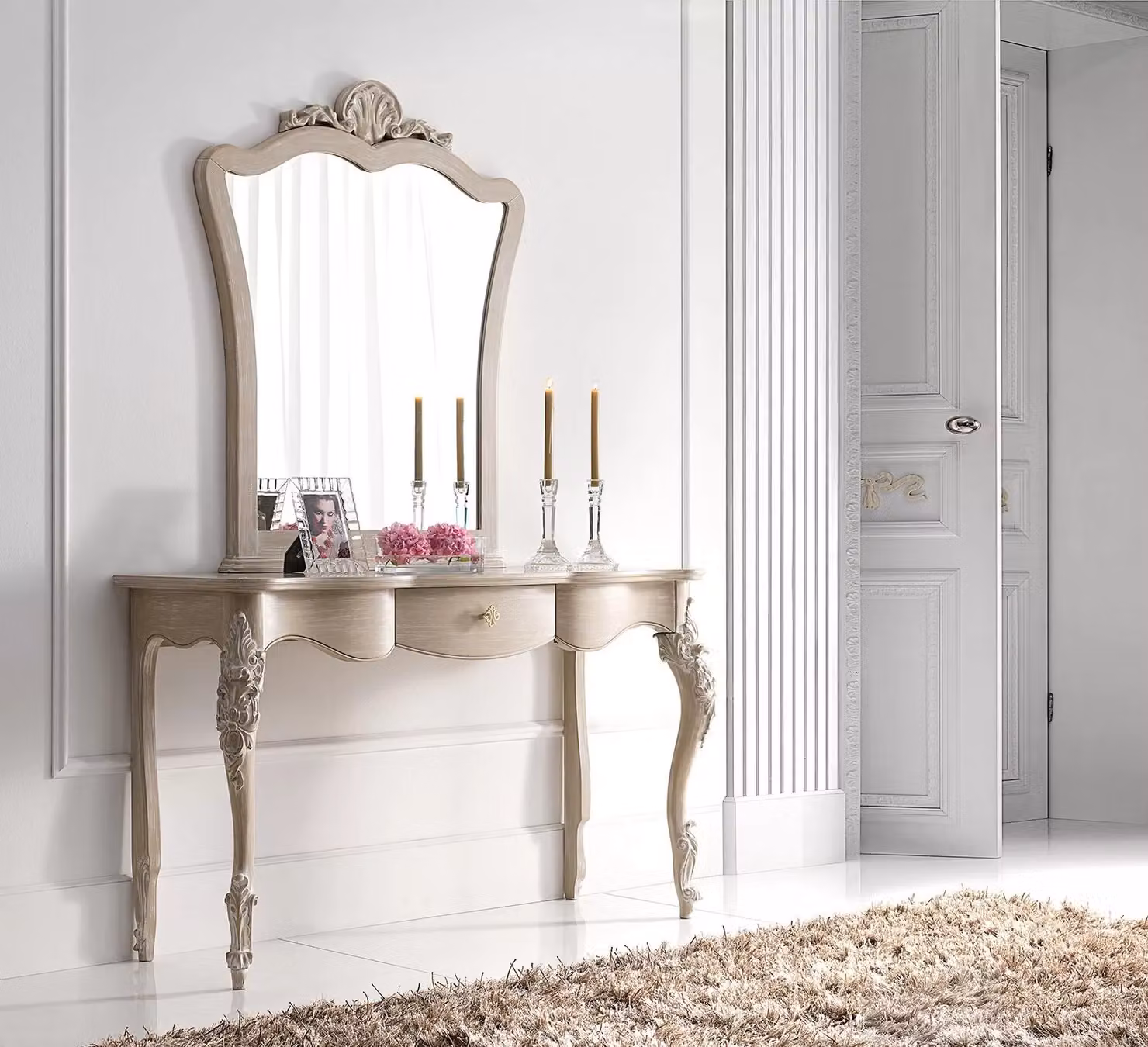 Consolle classica sagomata con 1 cassetto in legno bianco Mobili2g L/P/H: 142 x 46 x 83 cm – 1