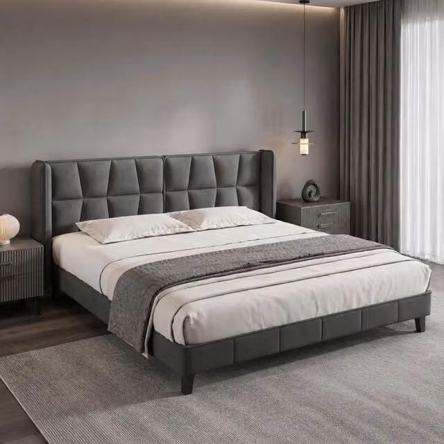 Letto matrimoniale imbottito 180 × 200 cm in velluto grigio con testiera e rete a doghe in legno