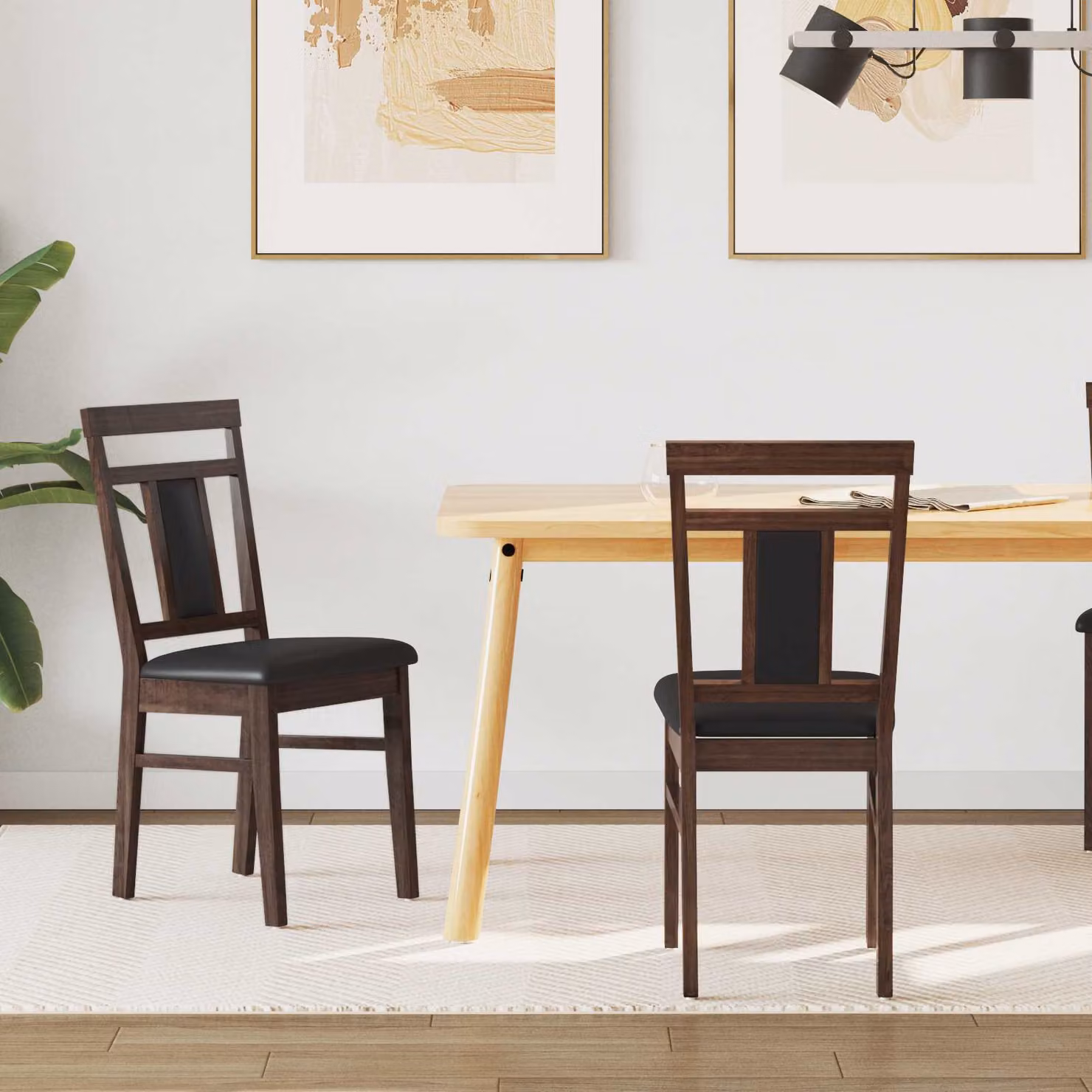 Set di 2 sedie da pranzo vidaXL in legno di gomma con seduta in ecopelle, marrone chiaro e nero, L/P/H: 36 x 44,5 x 91,5 cm – 1