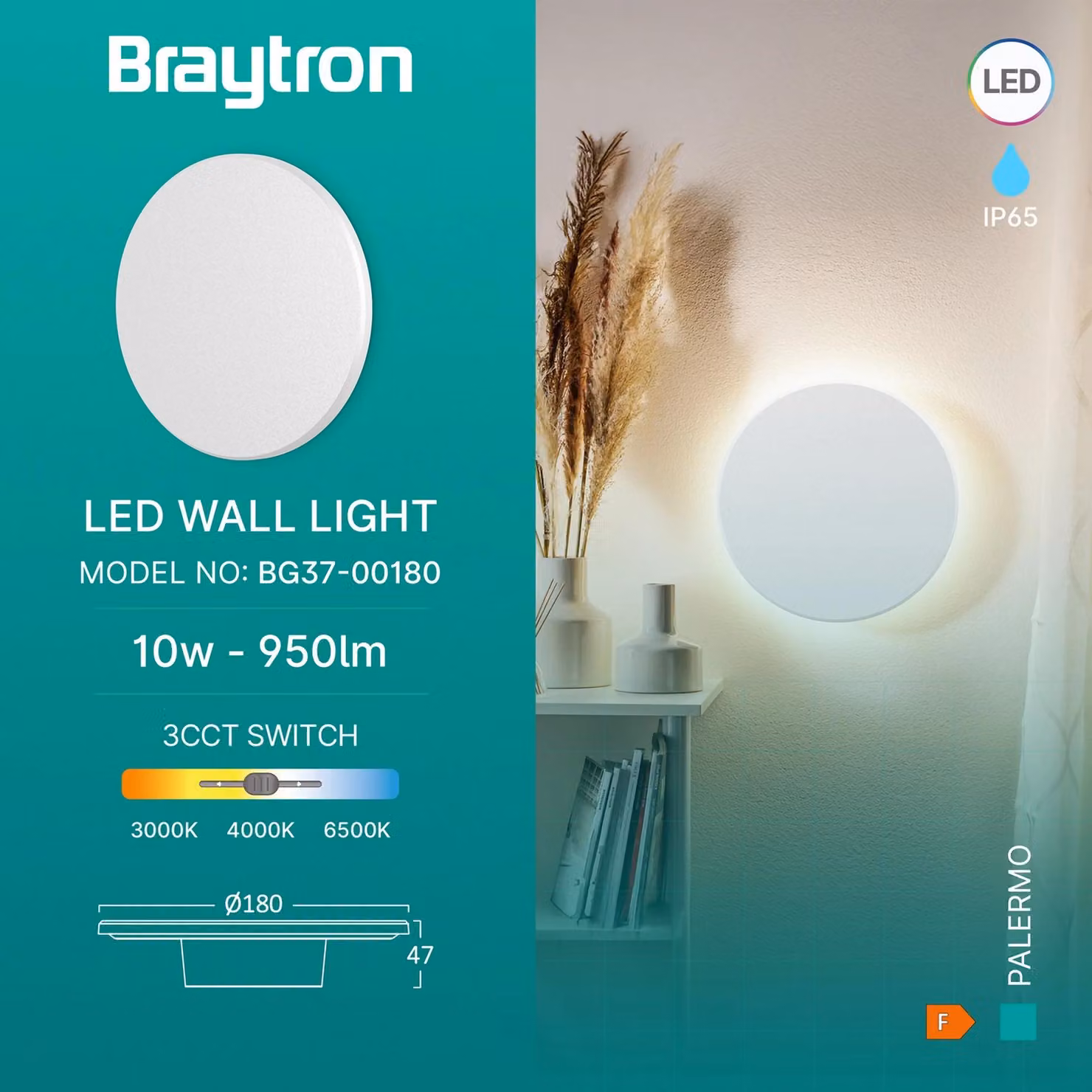 Braytron Applique da esterno a LED 10W Bianco caldo, Bianco neutro, Bianco freddo, 3CCT, 950 lm, rotonda, in plastica bianca, IP65