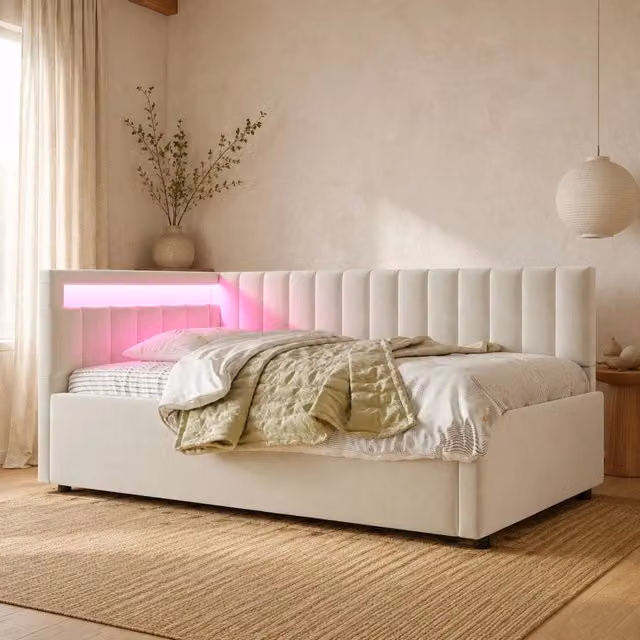 Letto da giorno imbottito ULEVR 90x200 cm con contenitore idraulico, LED a colori e testiera reversibile, beige