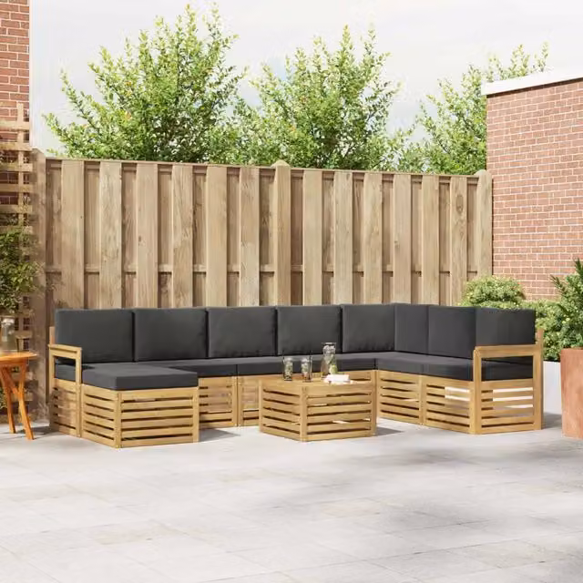 Set di divani ad angolo vidaXL in legno di acacia massello con cuscini grigi per giardino e terrazzo