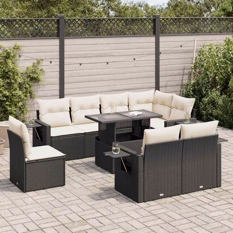 Set di divani da giardino vidaXL 9 pezzi con cuscini nero in polyrattan e struttura in metallo con tavolino da esterno