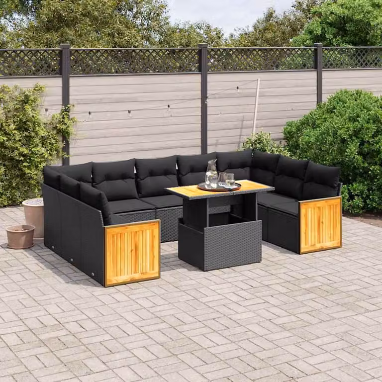 vidaXL Set Divani da Giardino 10 Pezzi in Polyrattan Nero con Cuscini e Tavolino da Esterno