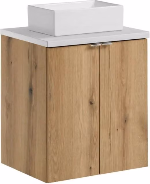 Set VANO effetto rovere e bianco 50cm: mobili sottolavello con armadietti + piano per lavabo + lavabi rettangolari da appoggio