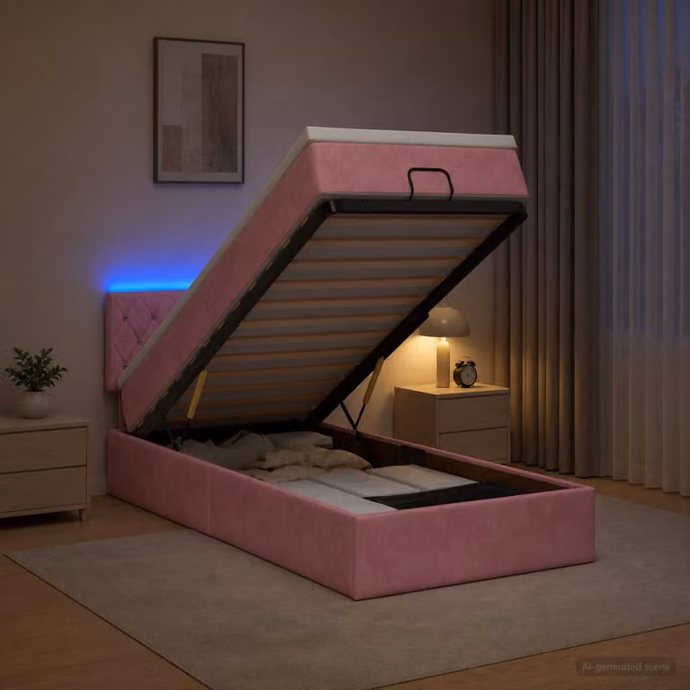 Letto Ottomano vidaXL in Velluto Rosa con Materasso Ibrido, Illuminazione LED Sotto il Letto e Porte USB, L/P/H: 203 x 100 x 88 cm