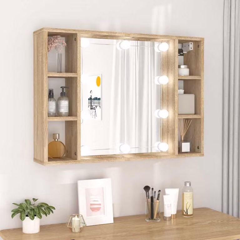 Armadietto da bagno con specchio e illuminazione LED vidaXL in rovere, L: 76 cm, P: 15 cm, H: 55 cm